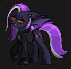 Size: 850x821 | Tagged: safe, artist:iggigvin69, oc, oc only, oc:iggi, bat pony, pony, bat pony oc, clothes, floppy ears, hoodie, lidded eyes, red eyes, simple background, solo, yellow sclera