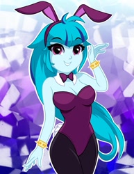 Size: 925x1200 | Tagged: safe, artist:rosemile mulberry, sonata dusk, human, equestria girls, g4, bare shoulders, bowtie, bracelet, breasts, bunny ears, bunny suit, busty sonata dusk, cleavage, clothes, female, jewelry, legs together, playboy bunny, sleeveless, solo, strapless