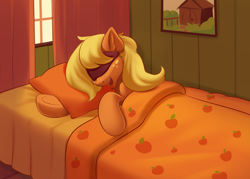 Size: 2068x1482 | Tagged: safe, artist:kittytitikitty, applejack, earth pony, pony, bed, bedroom, cute, jackabetes, sleep mask, sleeping, smiling, snoring, solo
