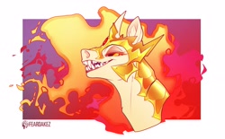 Size: 2931x1822 | Tagged: safe, artist:kez, daybreaker, alicorn, pony, abstract background, armor, bust, colored, criniere, ear fluff, eyelashes, fangs, fiery mane, frame, grin, helmet, high res, horn, lidded eyes, looking at you, neck armor, neck fluff, open mouth, portrait, shading, sharp teeth, short horn, signature, smiling, solo, sternocleidomastoid, teeth, toothy grin