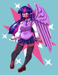 Size: 2975x3850 | Tagged: safe, artist:mylittleyuri, twilight sparkle, human, g4, alicorn humanization, breasts, clothes, dark skin, elf ears, female, high res, horn, horned humanization, humanized, moderate dark skin, necktie, open mouth, shoes, skirt, socks, solo, stockings, sweater vest, thigh highs, vest, winged humanization, zettai ryouiki