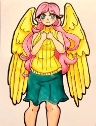 Size: 2922x3853 | Tagged: safe, artist:mylittleyuri, fluttershy, human, g4, blushing, clothes, female, high res, humanized, skirt, sleeveless, sleeveless sweater, solo, sweater, sweatershy, traditional art, winged humanization, wings
