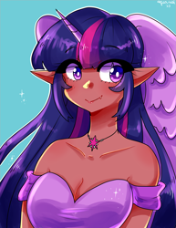 Size: 2975x3850 | Tagged: safe, artist:mylittleyuri, twilight sparkle, human, g4, alicorn humanization, bare shoulders, blue background, breasts, clothes, cute little fangs, dark skin, dress, elf ears, fangs, female, high res, horn, horned humanization, humanized, jewelry, moderate dark skin, necklace, simple background, solo, winged humanization