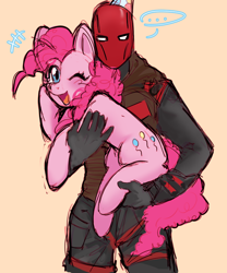 Size: 724x872 | Tagged: safe, artist:vwenties, pinkie pie, earth pony, human, pony, g4, ..., crossover, dc comics, duo, female, holding a pony, jason todd, looking at you, mare, one eye closed, open mouth, open smile, orange background, red hood, simple background, smiling, smiling at you, wink, winking at you