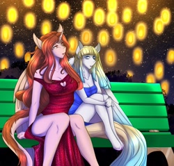 Size: 2396x2289 | Tagged: safe, artist:carbutt69, oc, oc only, oc:brave jockey, oc:queen alexandrine, alicorn, pegasus, anthro, bench, big breasts, breasts, chinese new year, clothes, colored wings, dress, duo, duo female, dyed mane, female, high res, lantern, multicolored hair, multicolored wings, night, side slit, total sideslit, wings
