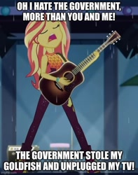 Size: 500x633 | Tagged: safe, edit, edited screencap, screencap, sunset shimmer, human, equestria girls, g4, let it rain, my little pony equestria girls: better together, animaniacs, caption, cropped, guitar, image macro, musical instrument, open mouth, solo, text