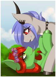Size: 1802x2500 | Tagged: safe, artist:melodytheartpony, oc, oc only, oc:kerrigan, oc:melody silver, dracony, dragon, hybrid, pegasus, pony, 2023, asexual, beauty mark, blushing, bush, cloud, cloudy sky, collar, couple, cuddling, demisexual, duo, ear piercing, eyeshadow, female, flower, flower in hair, grass, in love, lesbian, lgbt, lipstick, looking into each others eyes, makeup, oc x oc, piercing, shipping, signature, smiling