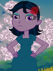 Size: 768x1024 | Tagged: safe, artist:rainbowstarcolour262, zephyr, human, equestria girls, g4, angry, background human, clothes, cross-popping veins, dress, emanata, eyeshadow, female, frown, hand on hip, looking at you, makeup, purple eyes, solo, sparkles
