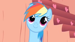 Size: 2560x1440 | Tagged: safe, screencap, rainbow dash, pegasus, pony, g4, sonic rainboom (episode), cute, dashabetes, female, golden oaks library, heart, smiling, solo, staircase, stairs