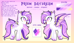 Size: 3160x1842 | Tagged: safe, artist:lavender-bases, artist:ouijaa, oc, oc only, oc:prism daydream, bat pony, base used, cutie mark, fangs, female, gemstones, reference sheet, transparent wings, wings