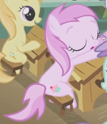 Size: 279x321 | Tagged: safe, screencap, noi, piña colada, earth pony, pony, call of the cutie, g4, season 1, background pony, classroom, cropped, desk, eyes closed, female, filly, foal, school desk, sitting