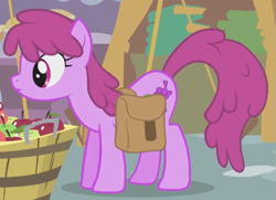 Size: 583x423 | Tagged: safe, screencap, berry punch, berryshine, earth pony, pony, call of the cutie, g4, season 1, apple, background pony, bag, berrybetes, cropped, cute, female, food, implied apple bloom, looking at someone, mare, saddle bag, solo