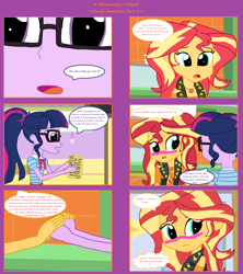 Size: 1808x2039 | Tagged: safe, artist:thomaszoey3000, sci-twi, sunset shimmer, twilight sparkle, human, comic:a shimmering twilight, equestria girls, equestria girls series, g4, blushing, clothes, female, geode, lesbian, letter, ship:sci-twishimmer, ship:sunsetsparkle, shipping