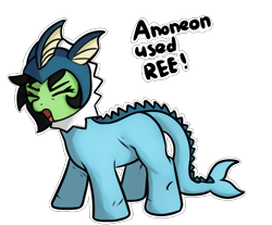 Size: 901x747 | Tagged: safe, artist:neuro, oc, oc only, oc:filly anon, earth pony, pony, vaporeon, animal costume, clothes, costume, earth pony oc, eyes closed, female, filly, open mouth, pokémon, pokémon costume, reeee, simple background, solo, text, transparent background