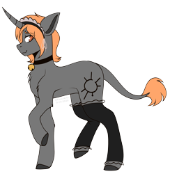 Size: 3786x3880 | Tagged: safe, artist:tuzz-arts, oc, oc only, oc:sunscorch, pony, unicorn, bell, bell collar, clothes, collar, femboy, hairband, high res, horn, leonine tail, male, simple background, solo, stockings, tail, thigh highs, transparent background, unicorn oc
