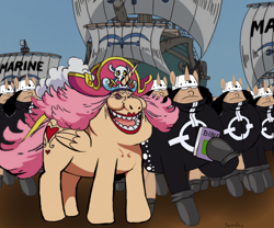 Size: 1000x833 | Tagged: safe, artist:samueldavillo, alicorn, cyborg, pony, robot, robot pony, unicorn, abomination, bartholomew kuma, bible, charlotte linlin, clone, crossover, looking at you, marine, nightmare fuel, one piece, pacifista, ponified, rule 85, ship, smiling, smiling at you, ugly