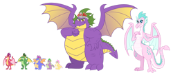 Size: 1280x543 | Tagged: safe, artist:aleximusprime, spike, oc, oc:barb the dragon, oc:buttercream the dragon, oc:chara, oc:chara the dragon, oc:king smite, oc:queen chara, oc:scorch the dragon, oc:singe the dragon, oc:smite, oc:smite the dragon, dragon, fanfic:go north young dragon, flurry heart's story, g4, breasts, crown, dragon oc, dragoness, fangs, fat, fat spike, female, fist, hand on chest, hand on hip, jewelry, lizard breasts, male, non-pony oc, older, older spike, regalia, simple background, size chart, size comparison, spike's family, spike's father, spike's mother, spikes, spread wings, transparent background, wide hips, wings