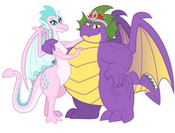 Size: 1600x1216 | Tagged: safe, artist:aleximusprime, oc, oc only, oc:chara, oc:chara the dragon, oc:king smite, oc:queen chara, oc:smite, oc:smite the dragon, dragon, fanfic:go north young dragon, flurry heart's story, child bearing hips, crown, dragon oc, dragoness, duo, duo male and female, fangs, fat, female, hand on hip, hug, husband and wife, jewelry, looking at you, male, non-pony oc, oc x oc, regalia, shipping, simple background, smiling, spike's family, spike's father, spike's mother, straight, transparent background, wide hips