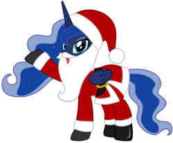 Size: 1024x845 | Tagged: artist needed, safe, princess luna, alicorn, pony, g4, belt, boots, christmas, clothes, costume, fake beard, female, hat, holiday, horn, looking at you, mare, open mouth, raised hoof, santa beard, santa claus, santa costume, santa hat, shoes, simple background, solo, transparent background, vector, wings