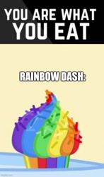 Size: 500x848 | Tagged: safe, cakes for the memories, g4, spoiler:cakes for the memories, caption, cupcake, dark comedy, food, image macro, imgflip, implied cupcakes, implied death, implied grimdark, implied horse meat, meme, no pony, platter, rainbow, rainbow cupcake, sprinkles, sugarcube corner, sugarcube corner (interior), text, wrapper, you are what you eat