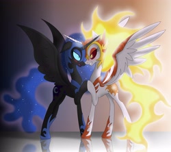 Size: 4630x4110 | Tagged: safe, artist:omnisimon11, daybreaker, nightmare moon, alicorn, pony, absurd resolution, armor, blushing, concave belly, duo, duo female, evil princest, eye contact, female, frown, helmet, holding hooves, hoof shoes, incest, lesbian, lidded eyes, looking at each other, looking at someone, mare, open mouth, peytral, princess shoes, shipping, slim, spread wings, thin, wing armor, wings