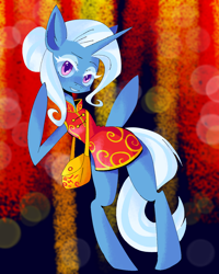 Size: 1080x1350 | Tagged: safe, trixie, unicorn, semi-anthro, bokeh, chinese new year, female, hair bun, looking at you, mare