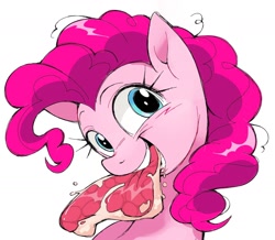 Size: 1398x1220 | Tagged: safe, artist:honkinghighblood, pinkie pie, earth pony, pony, bust, cute, food, looking at you, meat, ponies eating meat, simple background, solo, steak, white background