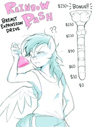 Size: 1500x2000 | Tagged: safe, artist:honkinghighblood, rainbow dash, pegasus, anthro, comic:rainbow dash breast expansion drive, clothes, delicious flat chest, looking at something, partial color, potion, question mark, rainbow flat, simple background, solo, tanktop, white background