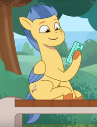 Size: 444x578 | Tagged: safe, screencap, lemon gear, pegasus, pony, g5, my little pony: tell your tale, secret ad-mare-er, spoiler:g5, spoiler:my little pony: tell your tale, spoiler:tyts01e44, bench, cellphone, cropped, folded wings, hoof hold, looking at phone, male, not flash sentry, outdoors, phone, sitting, smiling, solo, stallion, tree, wings