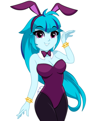 Size: 1112x1442 | Tagged: safe, alternate version, artist:rosemile mulberry, sonata dusk, human, equestria girls, g4, bare shoulders, bowtie, bracelet, breasts, bunny ears, bunny suit, busty sonata dusk, cleavage, clothes, female, jewelry, legs together, simple background, sleeveless, solo, strapless, white background