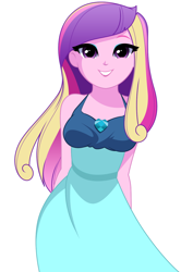 Size: 1036x1462 | Tagged: safe, artist:rosemile mulberry, dean cadance, princess cadance, human, equestria girls, g4, bare shoulders, beautiful, clothes, cute, cutedance, dress, female, grin, simple background, sleeveless, smiling, solo, updated design, white background