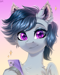 Size: 2000x2500 | Tagged: safe, artist:hakaina, oc, oc only, pegasus, pony, abstract background, bust, cellphone, chest fluff, colored, colored ear fluff, ear fluff, ear markings, eyelashes, eyeshadow, fluffy, gray coat, heart, heart eyes, high res, hoof hold, looking at you, magenta eyes, makeup, neck fluff, partially open wings, pegasus oc, phone, shading, signature, smartphone, solo, wing fluff, wingding eyes, wings
