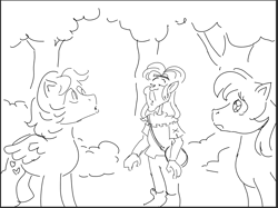 Size: 1012x757 | Tagged: safe, artist:mellodillo, garth, heart throb, locket (g1), gnome, human, pegasus, pony, twinkle eyed pony, g1, black and white, female, grayscale, male, mare, monochrome, sketch