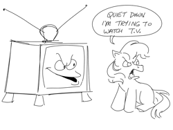 Size: 984x740 | Tagged: safe, artist:mellodillo, earth pony, pony, g1, angry, black and white, dialogue, female, grayscale, mare, monochrome, simple background, sitting, sketch, solo, speech bubble, television, white background