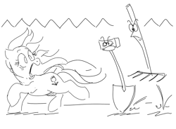 Size: 992x731 | Tagged: safe, artist:mellodillo, posey, earth pony, pony, g1, animate object, black and white, chase, female, grayscale, mare, monochrome, open mouth, rake, running, screaming, shovel, simple background, white background, windswept mane