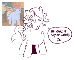 Size: 855x695 | Tagged: safe, artist:kyssimmee, screencap, sweet stuff, earth pony, pony, g1, breaking bad, female, mare, meme, my name is skyler white yo, screencap reference, simple background, skyler white, solo, speech bubble, talking to viewer, white background