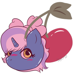 Size: 2160x2160 | Tagged: safe, alternate version, artist:singlesanity, oc, oc only, oc:fleurbelle, alicorn, pony, alicorn oc, blushing, bow, cherry, female, food, hair bow, horn, mare, pink background, simple background, solo, transparent background, wings, yellow eyes