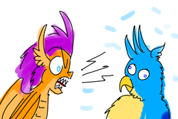 Size: 2400x1600 | Tagged: safe, artist:horsesplease, gallus, smolder, dragon, griffon, g4, angry, derp, fluffy, gallus the rooster, gallusposting, screaming, shut up, yelling