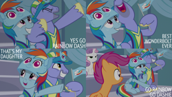 Size: 2000x1125 | Tagged: safe, edit, edited screencap, editor:quoterific, screencap, bow hothoof, scootaloo, sweetie belle, windy whistles, pegasus, pony, unicorn, g4, parental glideance, cheering, excited, female, filly, flag, foal, freckles, grin, hat, hoof hold, implied rainbow dash, male, mare, open mouth, open smile, rainbow dash's parents, smiling, stallion, stubble, unshorn fetlocks