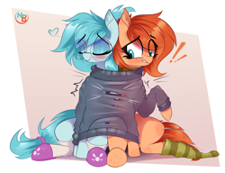 Size: 4428x3401 | Tagged: safe, artist:nevobaster, oc, oc only, oc:rusty gears, oc:whispy slippers, pony, abstract background, clothes, cute, duo, eyes closed, glasses, high res, ripping, scarf, shared clothing, sitting, slippers, smiling, sock, socks, striped scarf, striped socks, sweater, torn clothes, worried