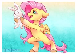 Size: 3507x2480 | Tagged: safe, artist:tokokami, angel bunny, fluttershy, pegasus, pony, rabbit, :t, abstract background, angel bunny is not amused, animal, belly, bipedal, chest fluff, circle of life, cute, duo, female, floppy ears, fluffy, happy, holding a bunny, hoof fluff, male, mare, open mouth, open smile, partially open wings, passepartout, shyabetes, smiling, the lion king, unamused, unshorn fetlocks, wings