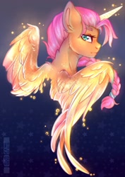 Size: 2480x3507 | Tagged: safe, artist:tokokami, sunny starscout, alicorn, pony, g5, abstract background, alicornified, alternate design, beautiful, braid, braided ponytail, bust, glowing, glowing wings, high res, looking at you, looking back, looking back at you, partially open wings, ponytail, portrait, princess sunny starscout, race swap, scrunchie, signature, solo, spread wings, sternocleidomastoid, sunnycorn, turned head, wings