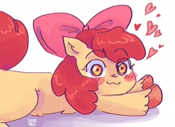 Size: 2048x1479 | Tagged: safe, artist:dmitrymemovznok, apple bloom, earth pony, pony, g4, adorabloom, apple bloom's bow, blushing, bow, cute, female, filly, floating heart, foal, hair bow, heart, looking at you, lying down, simple background, solo, unshorn fetlocks, white background