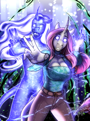 Size: 2880x3870 | Tagged: safe, artist:blackblood-queen, oc, oc only, oc:rosie quartz, unicorn, anthro, unguligrade anthro, anthro oc, breasts, cleavage, crystal magic, crystallized, curved horn, female, glowing, glowing eyes, high res, horn, leonine tail, mare, solo, story in the source, tail, unicorn oc