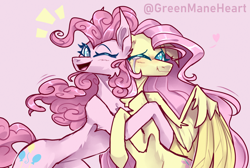 Size: 3000x2016 | Tagged: safe, artist:greenmaneheart, fluttershy, pinkie pie, earth pony, pegasus, pony, g4, concave belly, crying, duo, duo female, female, floating heart, floppy ears, heart, high res, hug, long mane, looking at each other, looking at someone, mare, one eye closed, open mouth, partially open wings, signature, simple background, slender, smiling, smiling at each other, sternocleidomastoid, thin, wings