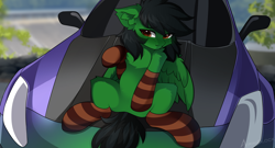 Size: 2000x1080 | Tagged: safe, artist:airiniblock, oc, oc only, oc:kendall wilson, pegasus, pony, rcf community, belly, car, clothes, horn, pegasus oc, socks, solo, striped socks, wings