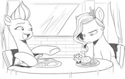 Size: 1165x736 | Tagged: safe, artist:nauyaco, pipp petals, zipp storm, pegasus, pony, g5, adorapipp, adorazipp, amused, angry, burger, crown, cute, duo, duo female, eyebrows, female, folded wings, food, frown, hamburger, hilarious in hindsight in the comments, hoof hold, jewelry, madorable, meat, monochrome, open mouth, open smile, pipp is short, pipp petals is not amused, ponies eating meat, regalia, royal sisters (g5), siblings, sisters, smiling, steak, unamused, wings