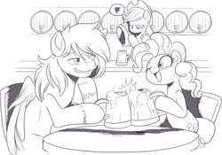 Size: 1202x841 | Tagged: safe, artist:nauyaco, applejack, pinkie pie, oc, pegasus, pony, g4, applejack's hat, cider mug, cowboy hat, hat, monochrome, mug, unshorn fetlocks