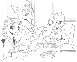 Size: 1414x1150 | Tagged: safe, artist:nauyaco, smolder, oc, griffon, pony, unicorn, g4, clothes, computer, laptop computer, monochrome, suit