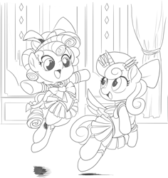 Size: 1135x1204 | Tagged: safe, artist:nauyaco, cozy glow, princess flurry heart, alicorn, pegasus, pony, g4, clothes, cosplay, costume, monochrome, older, open mouth, open smile, sailor moon (series), smiling